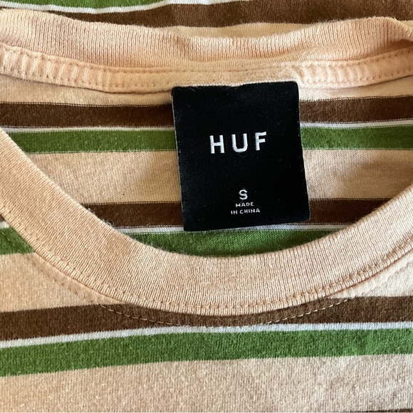 Huf Worldwide T Shirt Size Sm Short Sleeve Stripe Tan Brown Green White - Picture 4 of 7